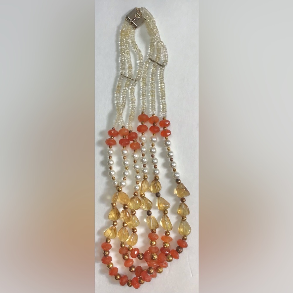 VINTAGE NECKLACE, CARNELIAN, AMBER, CRYSTAL & SEED BEAD 22"